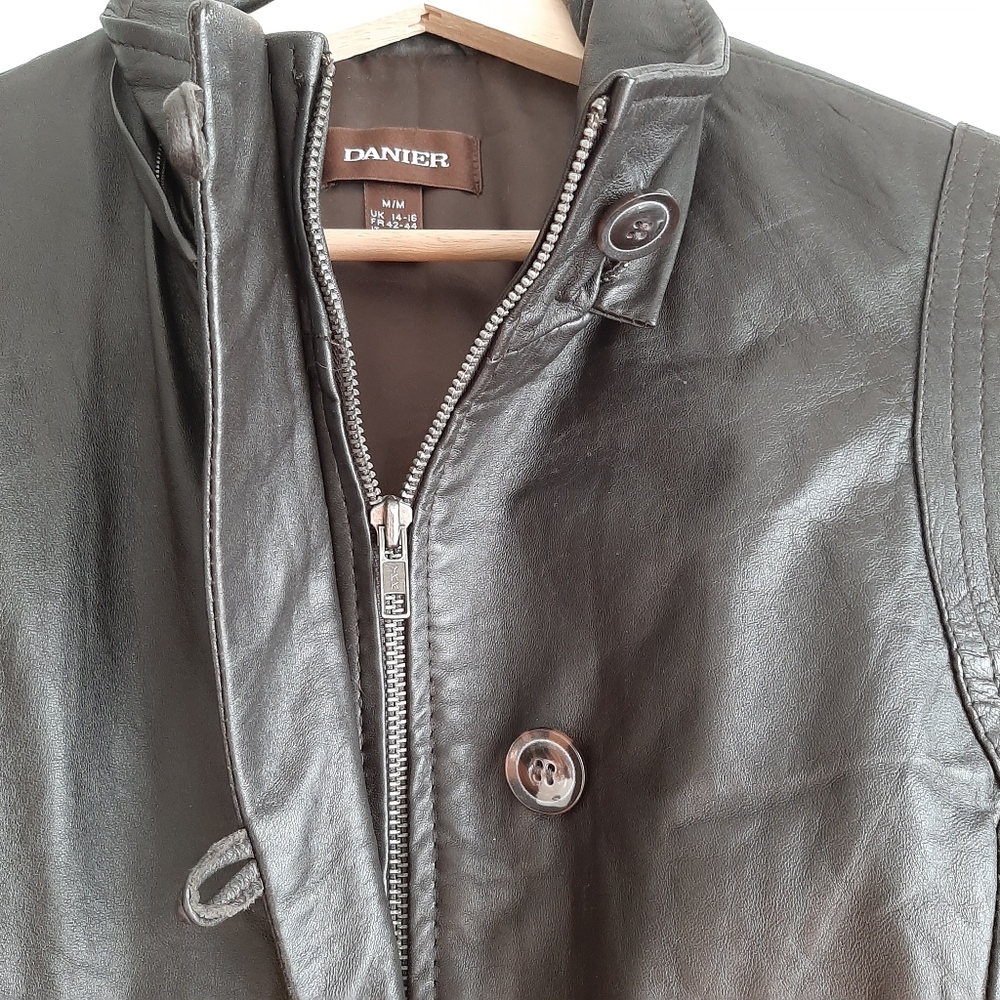 DANIER Genuine Soft Leather Button & Zip Front Jacket Dark Brown Short Coat Sz M - Picture 7 of 16